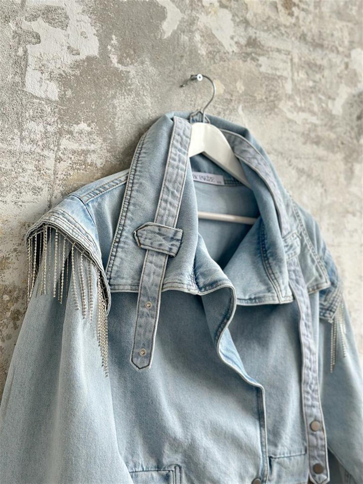 Tasarım Taş Ve Kemer Detay Denim Ceket (Mavi)