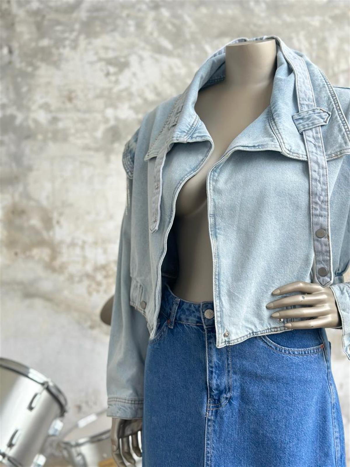 Tasarım Taş Ve Kemer Detay Denim Ceket (Mavi)