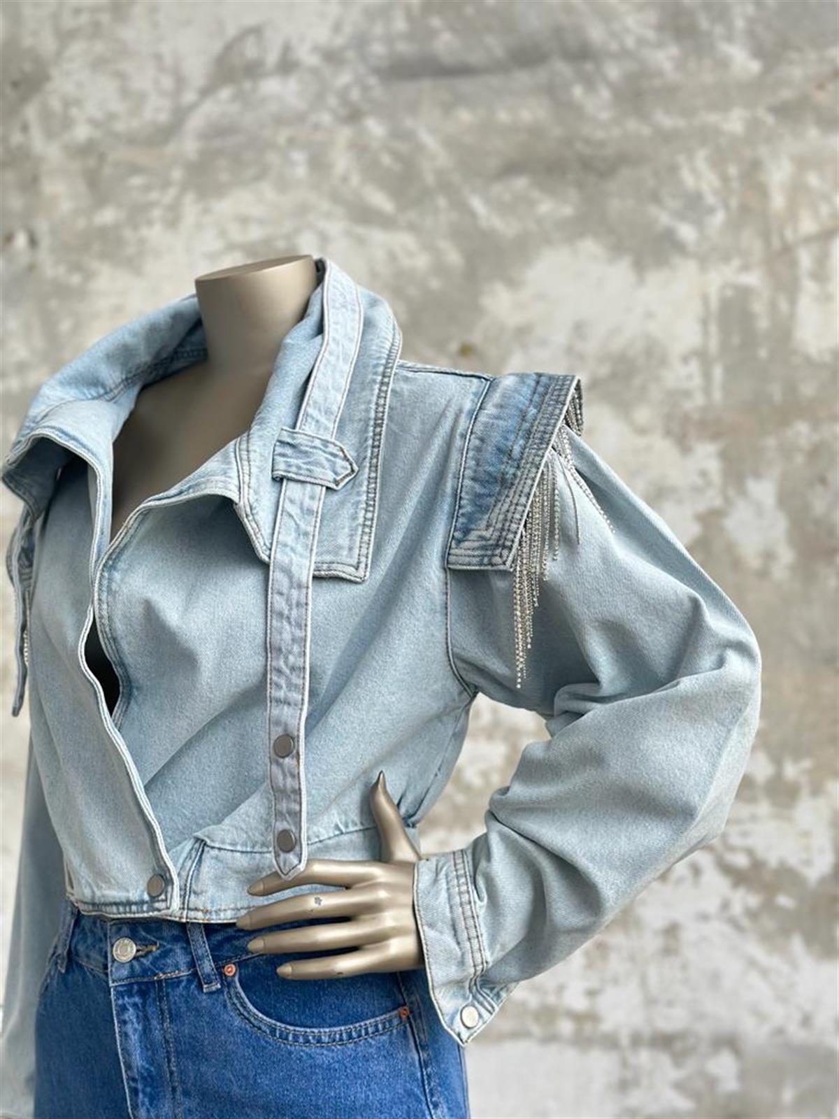 Tasarım Taş Ve Kemer Detay Denim Ceket (Mavi)