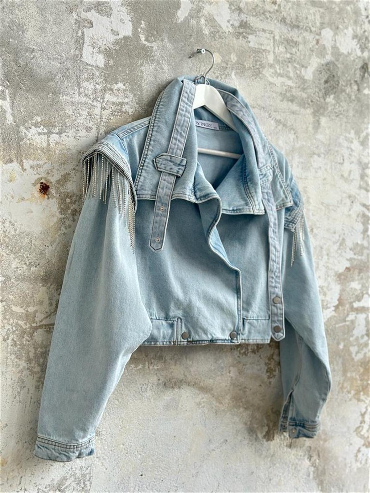 Tasarım Taş Ve Kemer Detay Denim Ceket (Mavi)