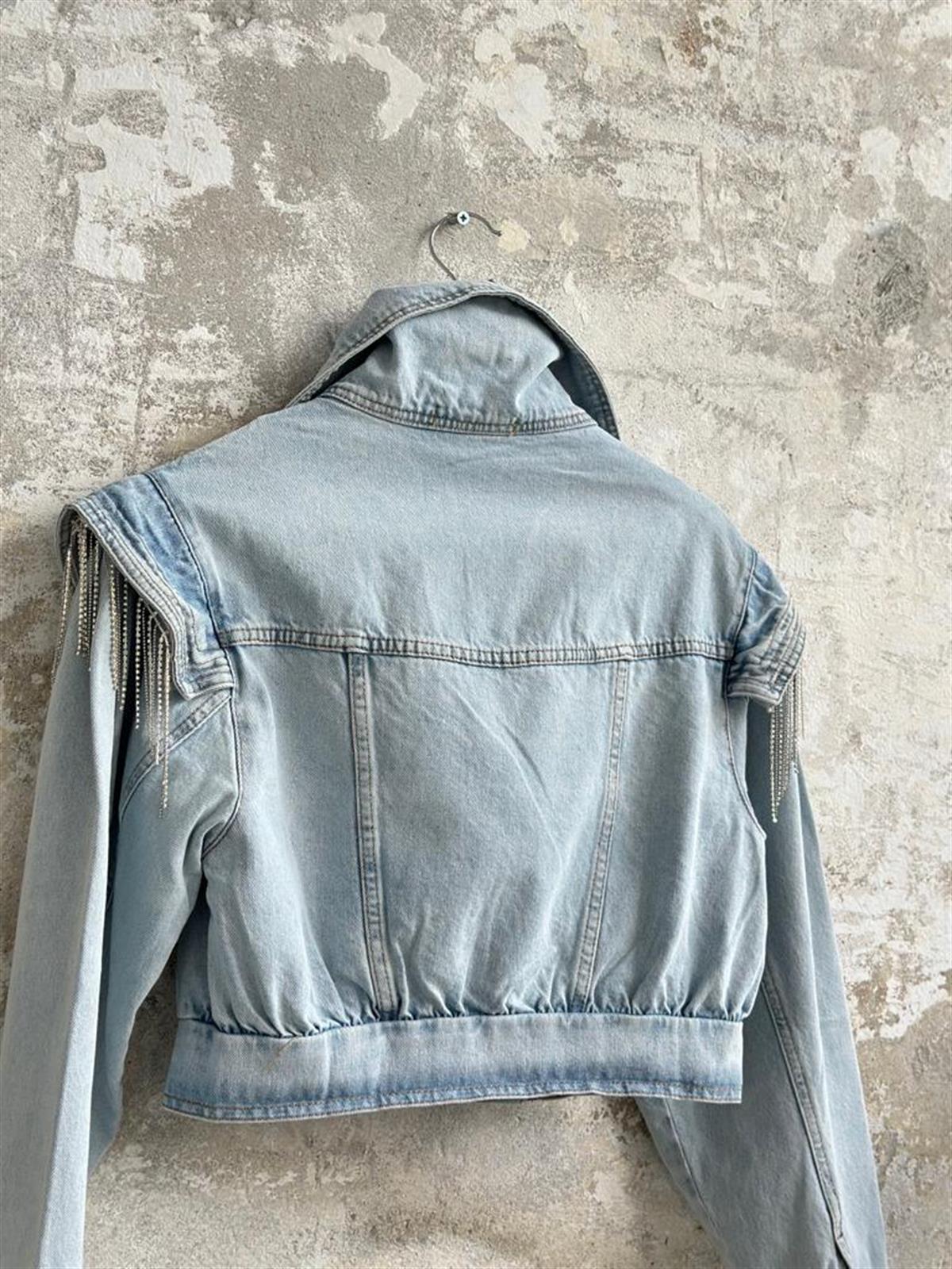 Tasarım Taş Ve Kemer Detay Denim Ceket (Mavi)