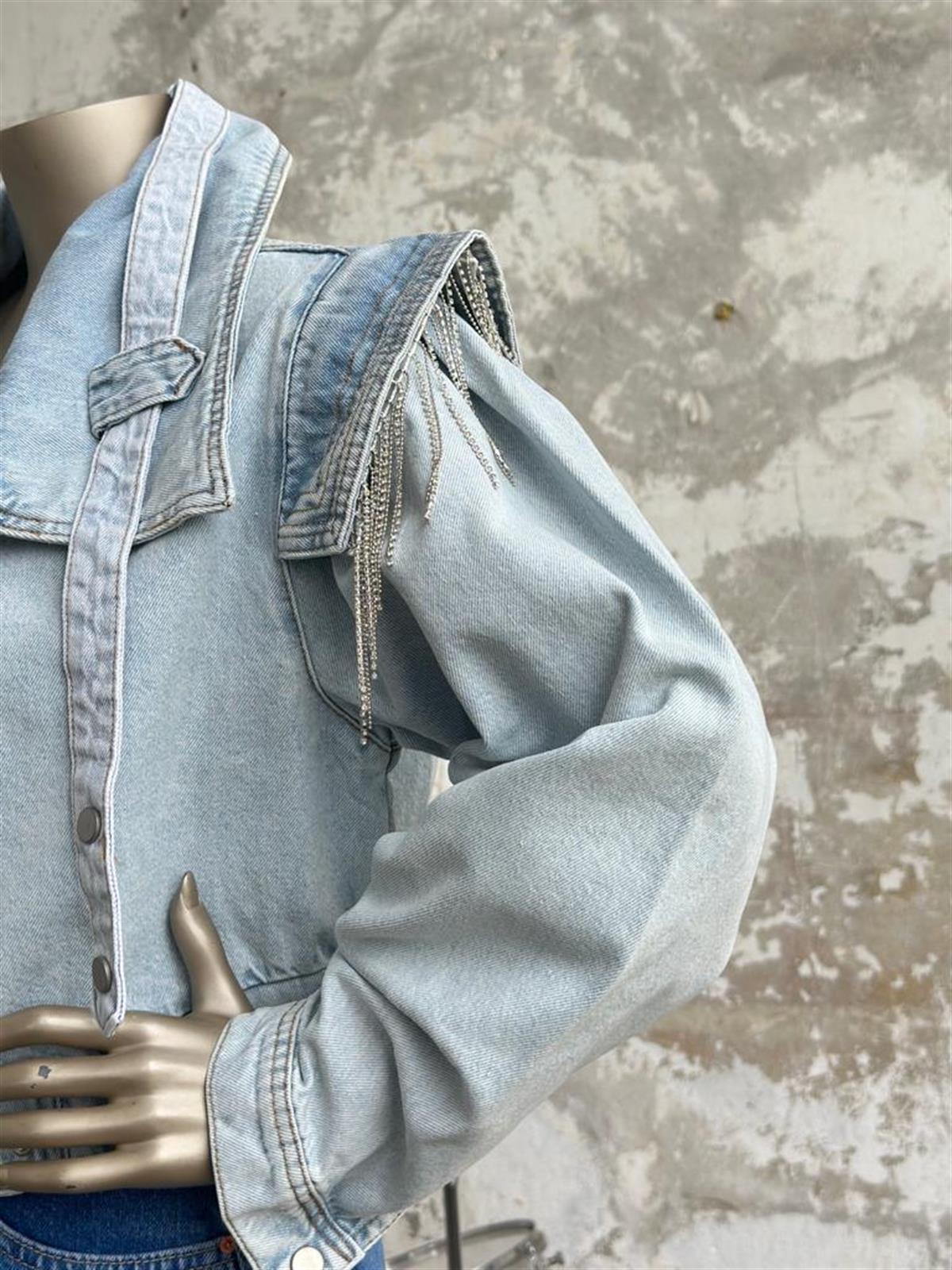 Tasarım Taş Ve Kemer Detay Denim Ceket (Mavi)