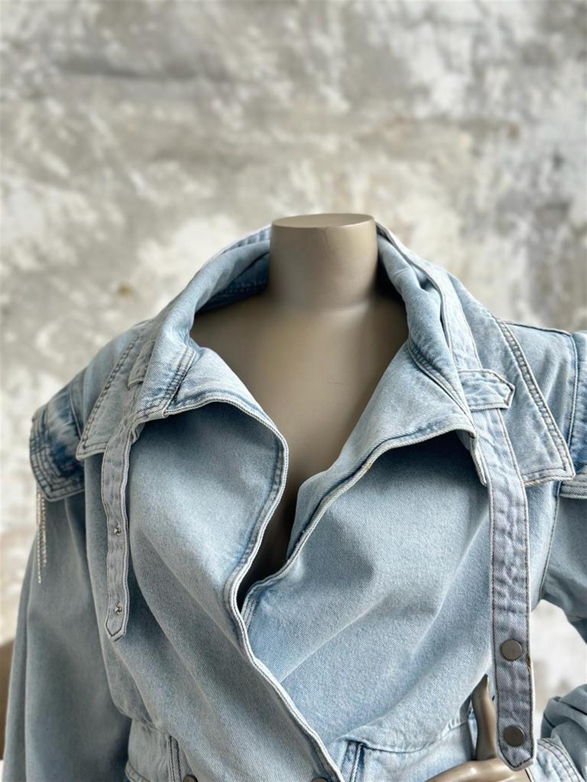 Tasarım Taş Ve Kemer Detay Denim Ceket (Mavi)
