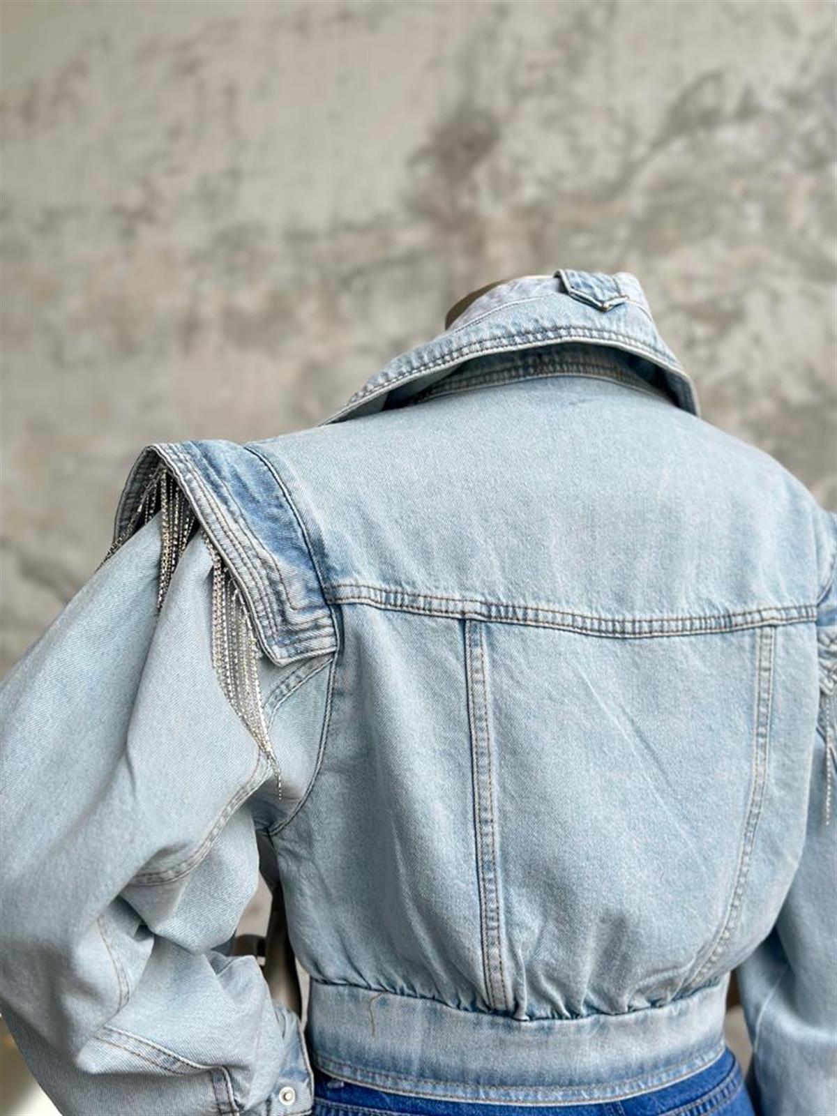 Tasarım Taş Ve Kemer Detay Denim Ceket (Mavi)