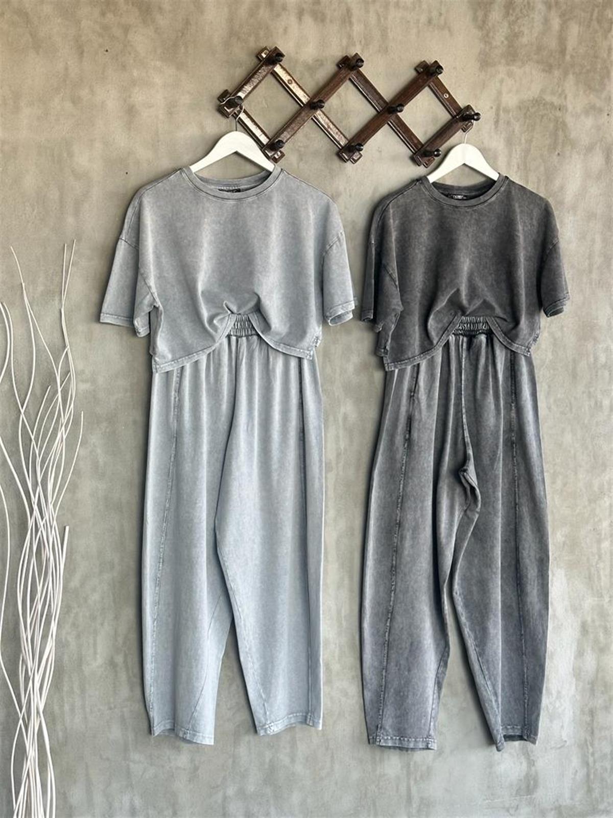 Tasarım Taş Yıkamalı Şalvar Model Pantolon Ve Crop Tişörtlü Takım (Koyu Gri Melanj)
