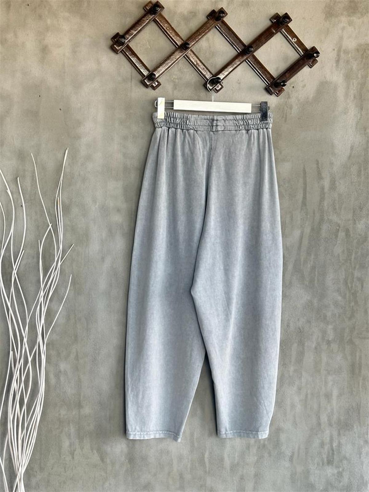 Tasarım Taş Yıkamalı Şalvar Model Pantolon Ve Crop Tişörtlü Takım (Açık Gri Melanj))