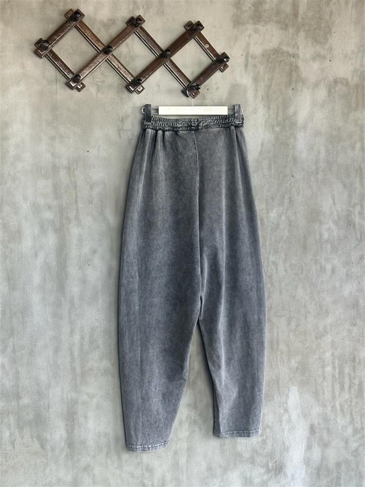 Tasarım Taş Yıkamalı Şalvar Model Pantolon Ve Crop Tişörtlü Takım (Koyu Gri Melanj)