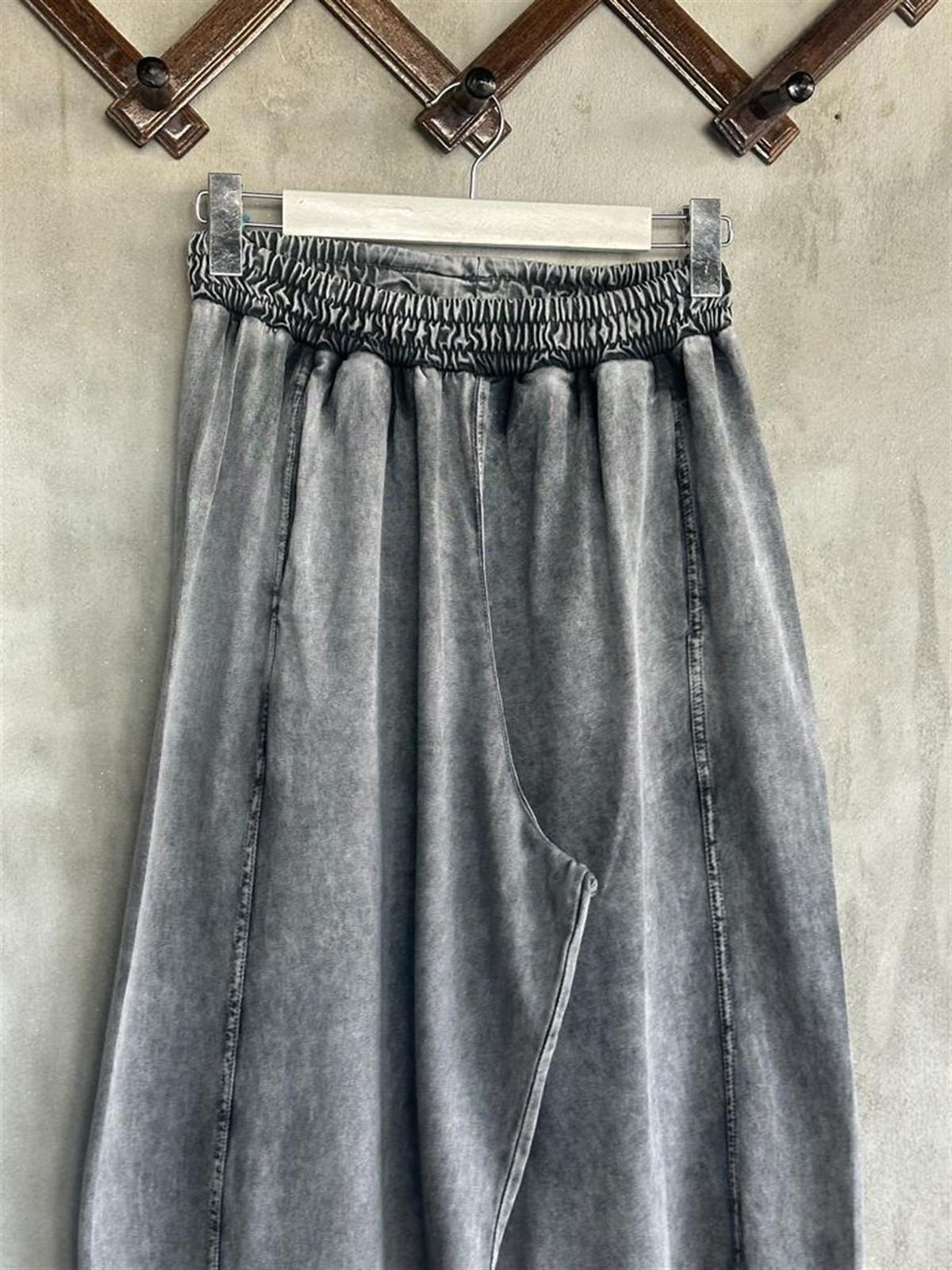 Tasarım Taş Yıkamalı Şalvar Model Pantolon Ve Crop Tişörtlü Takım (Koyu Gri Melanj)