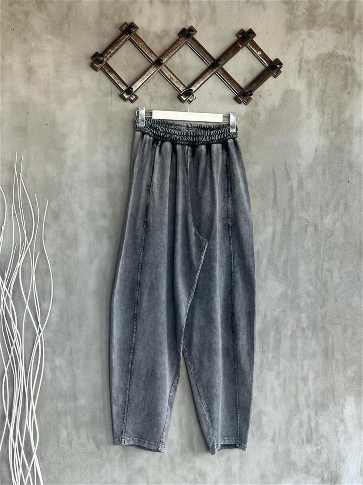 Tasarım Taş Yıkamalı Şalvar Model Pantolon Ve Crop Tişörtlü Takım (Koyu Gri Melanj)