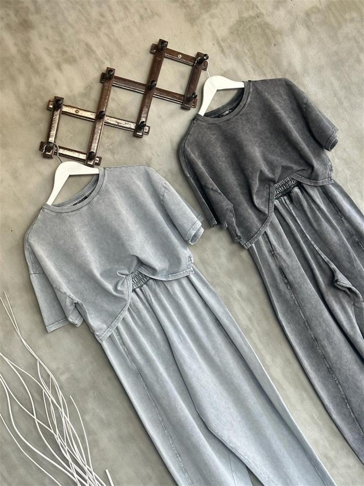 Tasarım Taş Yıkamalı Şalvar Model Pantolon Ve Crop Tişörtlü Takım (Açık Gri Melanj))