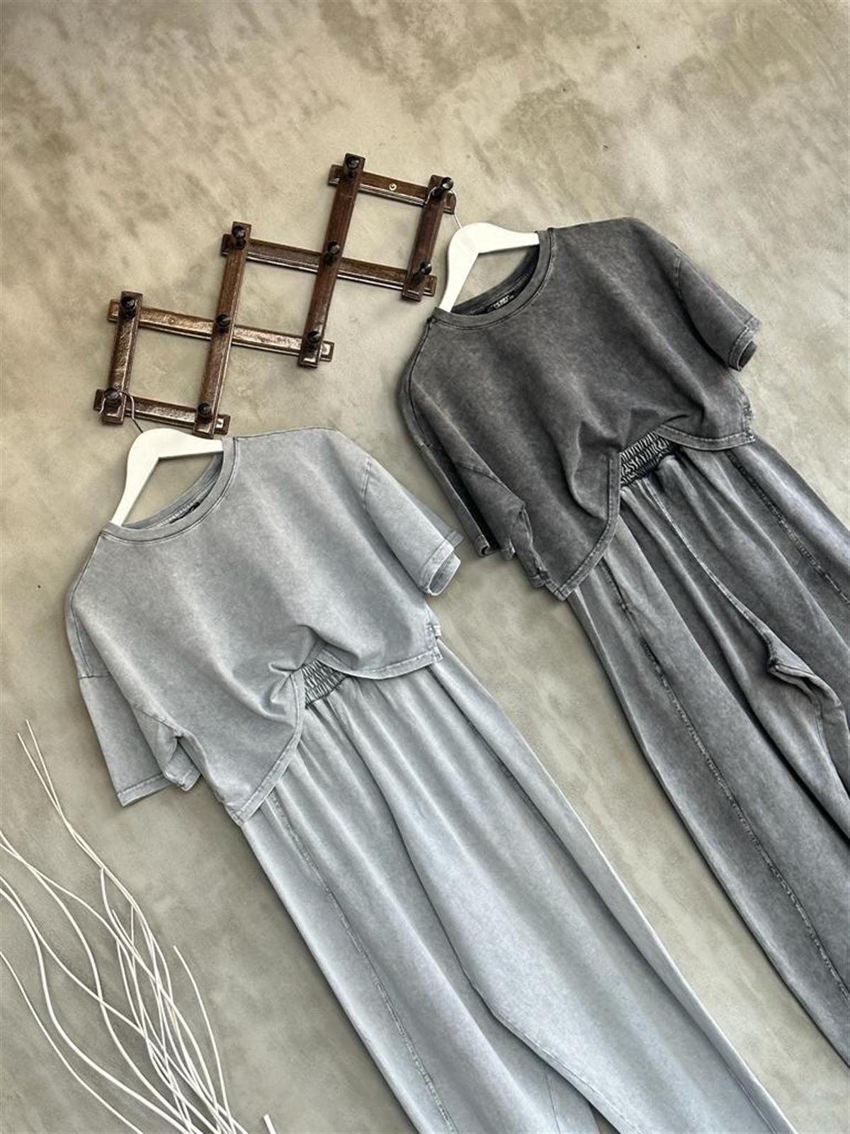 Tasarım Taş Yıkamalı Şalvar Model Pantolon Ve Crop Tişörtlü Takım (Koyu Gri Melanj)
