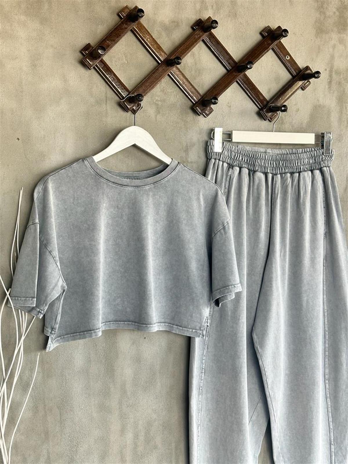 Tasarım Taş Yıkamalı Şalvar Model Pantolon Ve Crop Tişörtlü Takım (Açık Gri Melanj))
