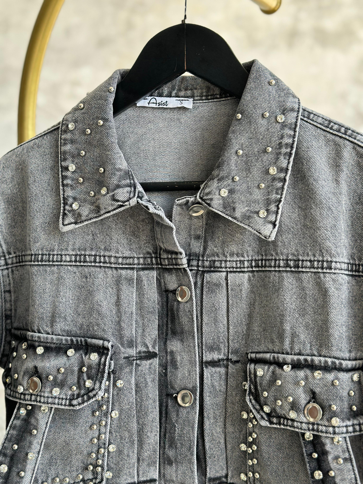 Tasarım Taşlı Kuşaklı Denim Ceket (Siyah)