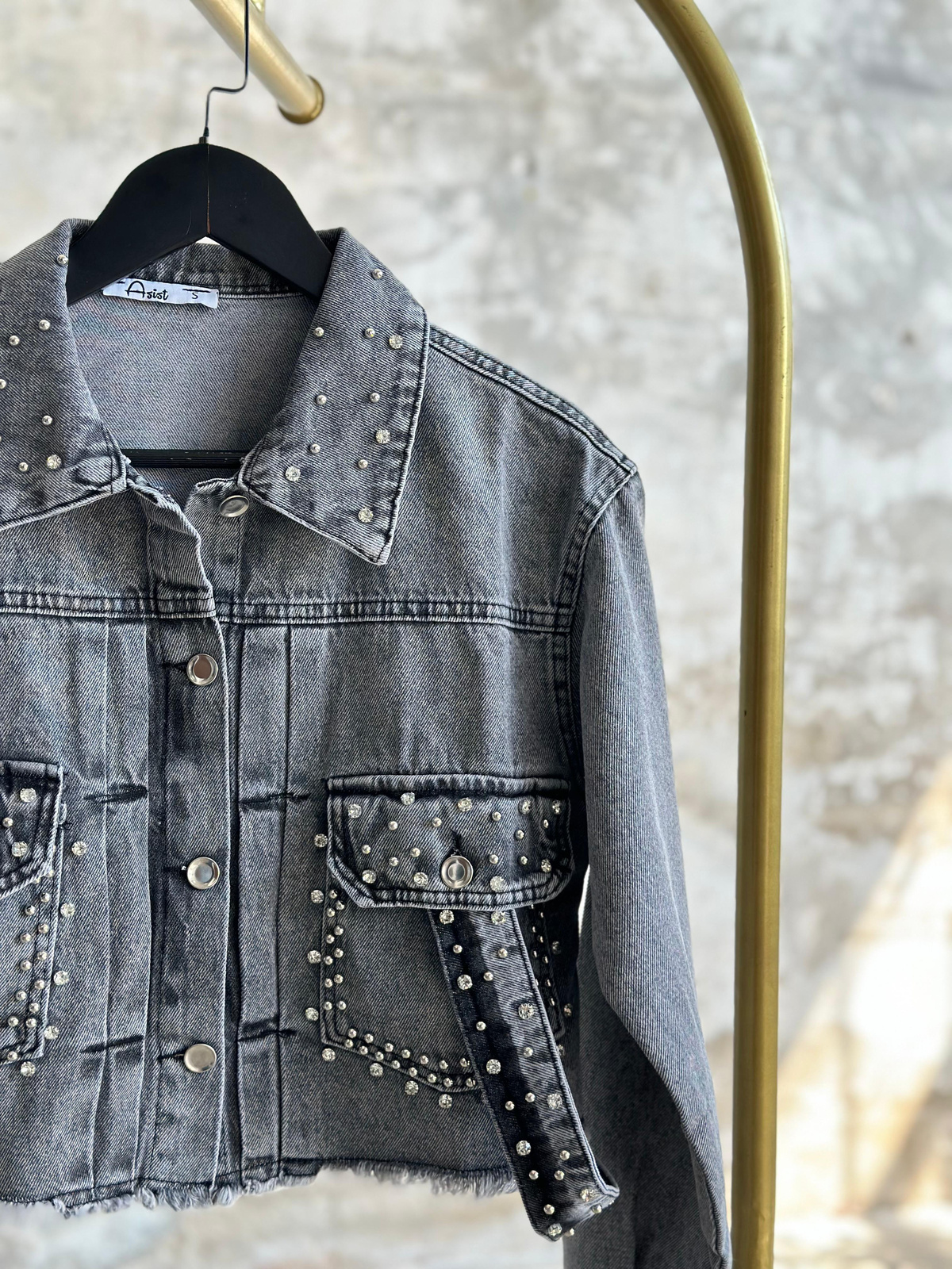 Tasarım Taşlı Kuşaklı Denim Ceket (Siyah)