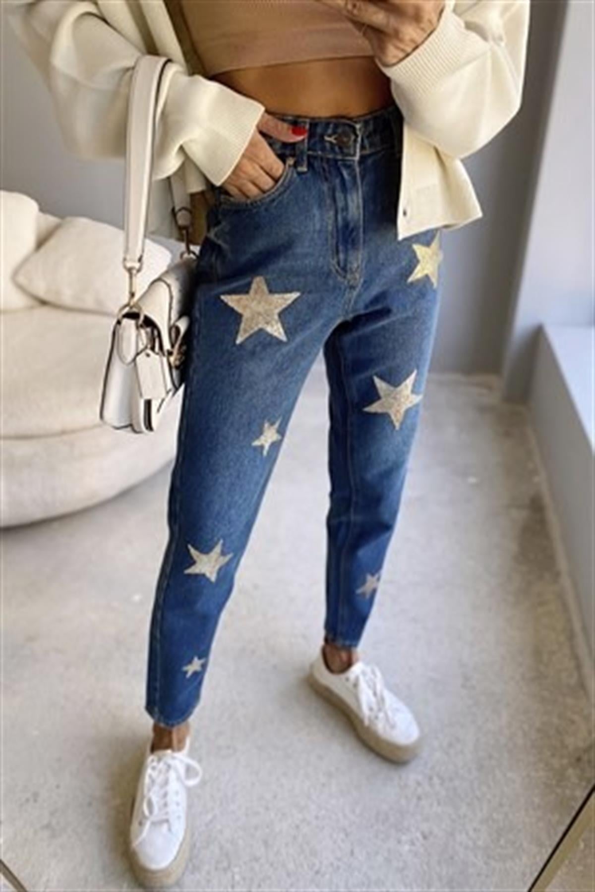 Tasarım Yıldız Baskılı Mom Jean (Lacivert)