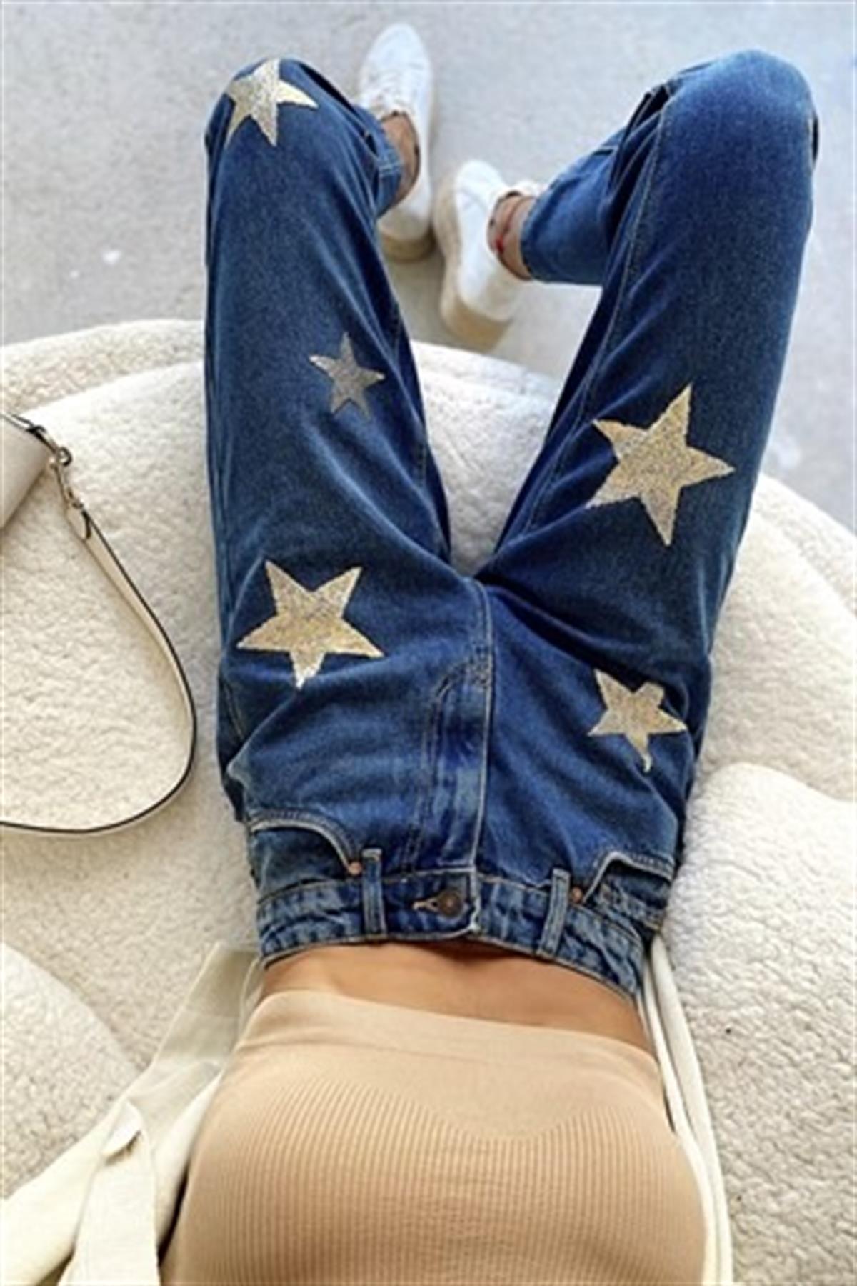 Tasarım Yıldız Baskılı Mom Jean (Lacivert)