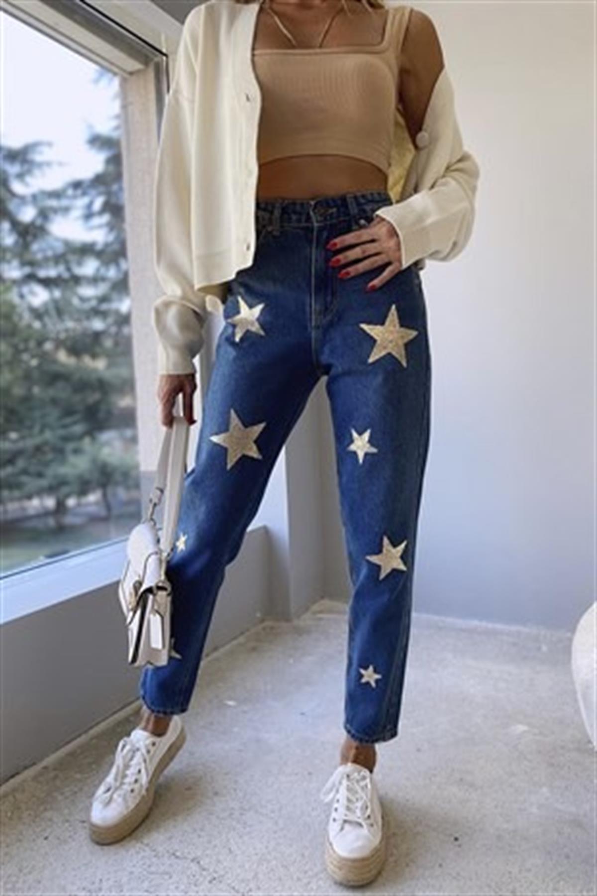 Tasarım Yıldız Baskılı Mom Jean (Lacivert)