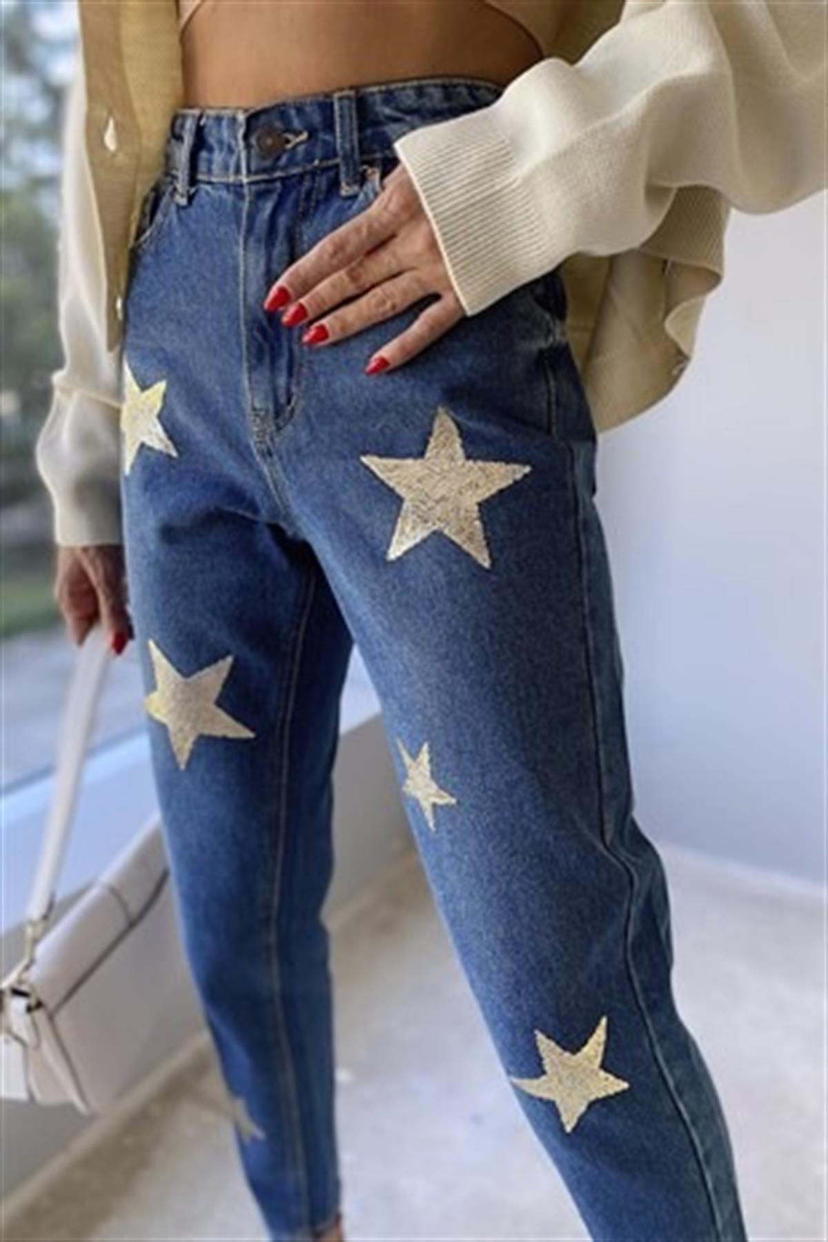 Tasarım Yıldız Baskılı Mom Jean (Lacivert)