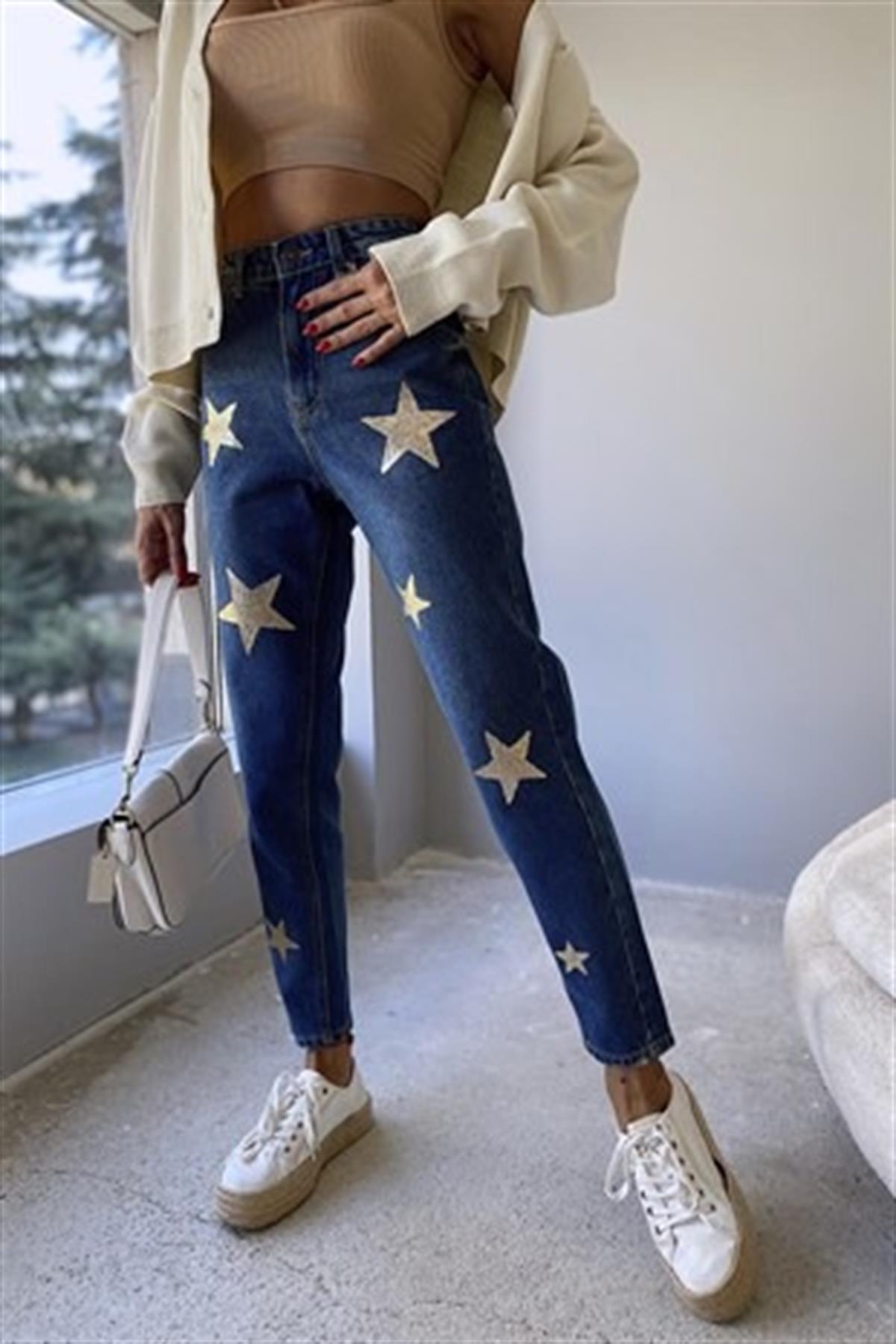 Tasarım Yıldız Baskılı Mom Jean (Lacivert)