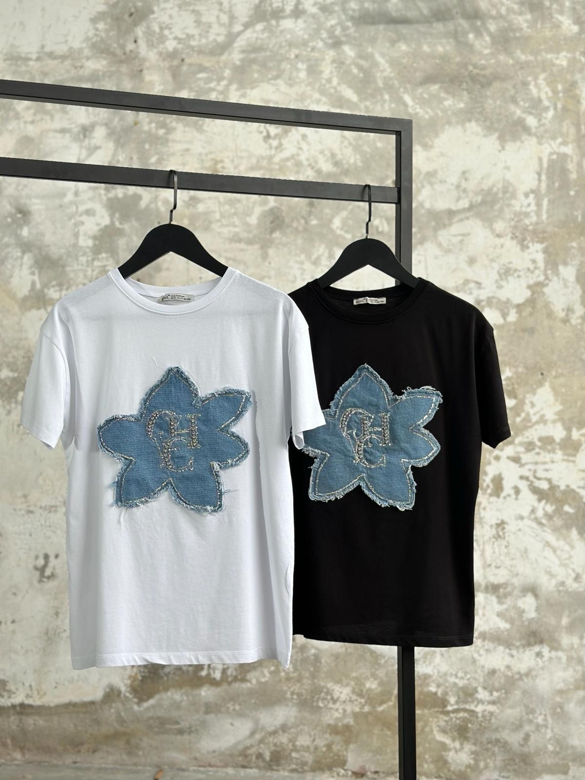 Tasrım Model Denim Çiçek Desenli T-Shirt (Siyah)