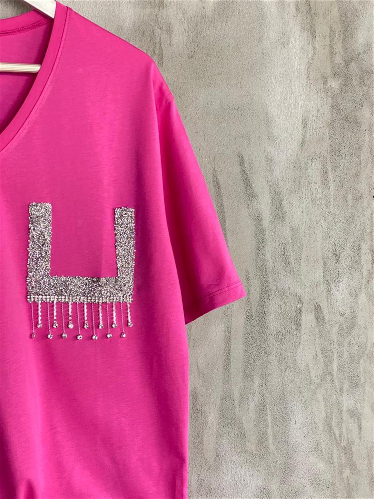 Tek Cep Görünümlü Kristal Taş İşlemeli Tişört (Fuşya)