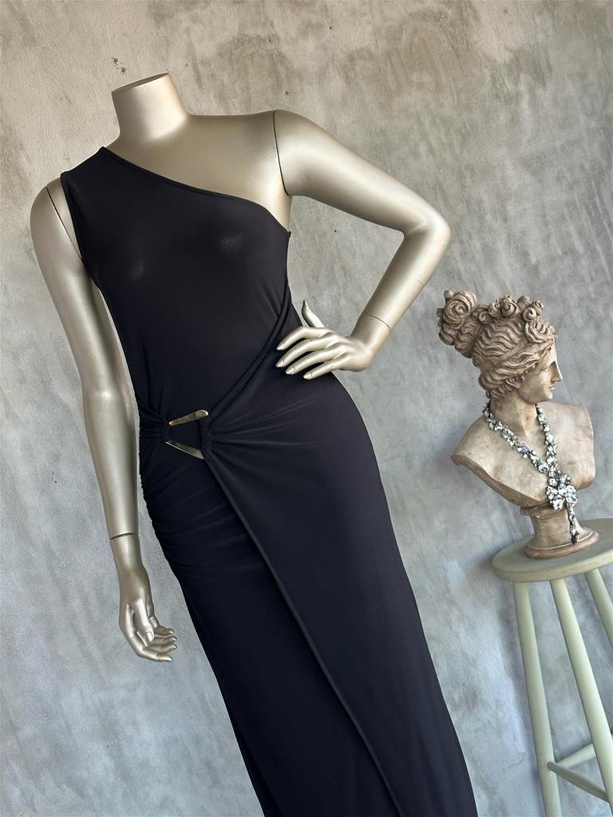 Tek Omuz Ambolog Model Tokalı Elbise (Siyah)