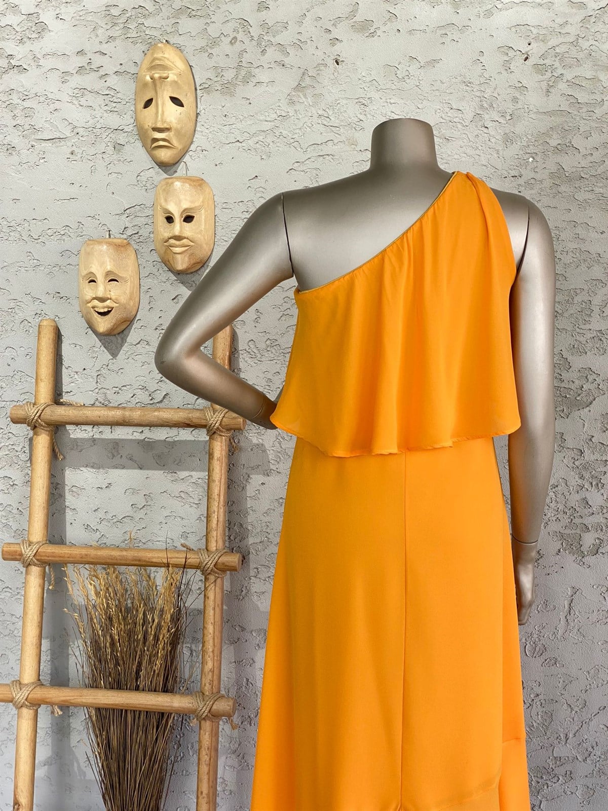 Tek Omuz Astarlı Şifon Elbise (Oranj)