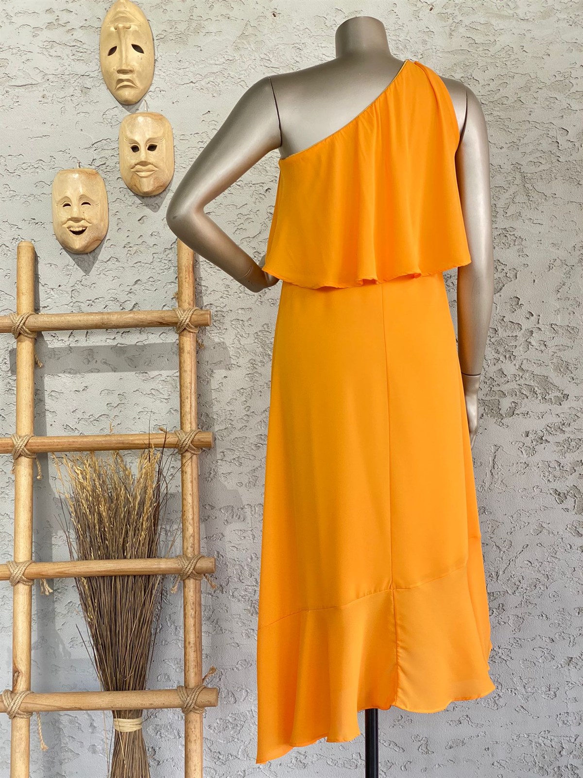 Tek Omuz Astarlı Şifon Elbise (Oranj)