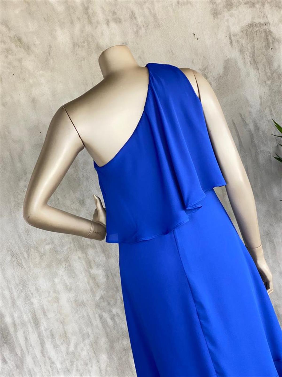 Tek Omuz Astarlı Şifon Elbise (Saks)