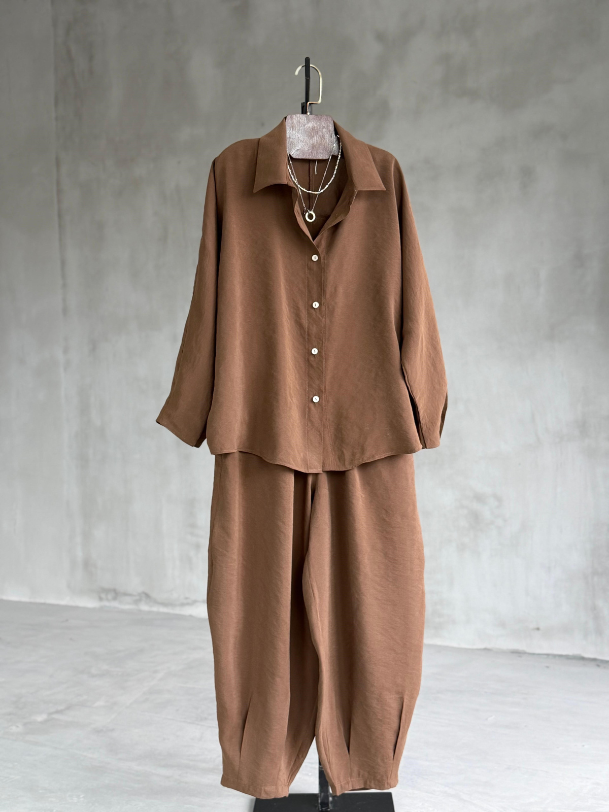 Tensel Kumaş Şalvar Model Takım (Kahve)
