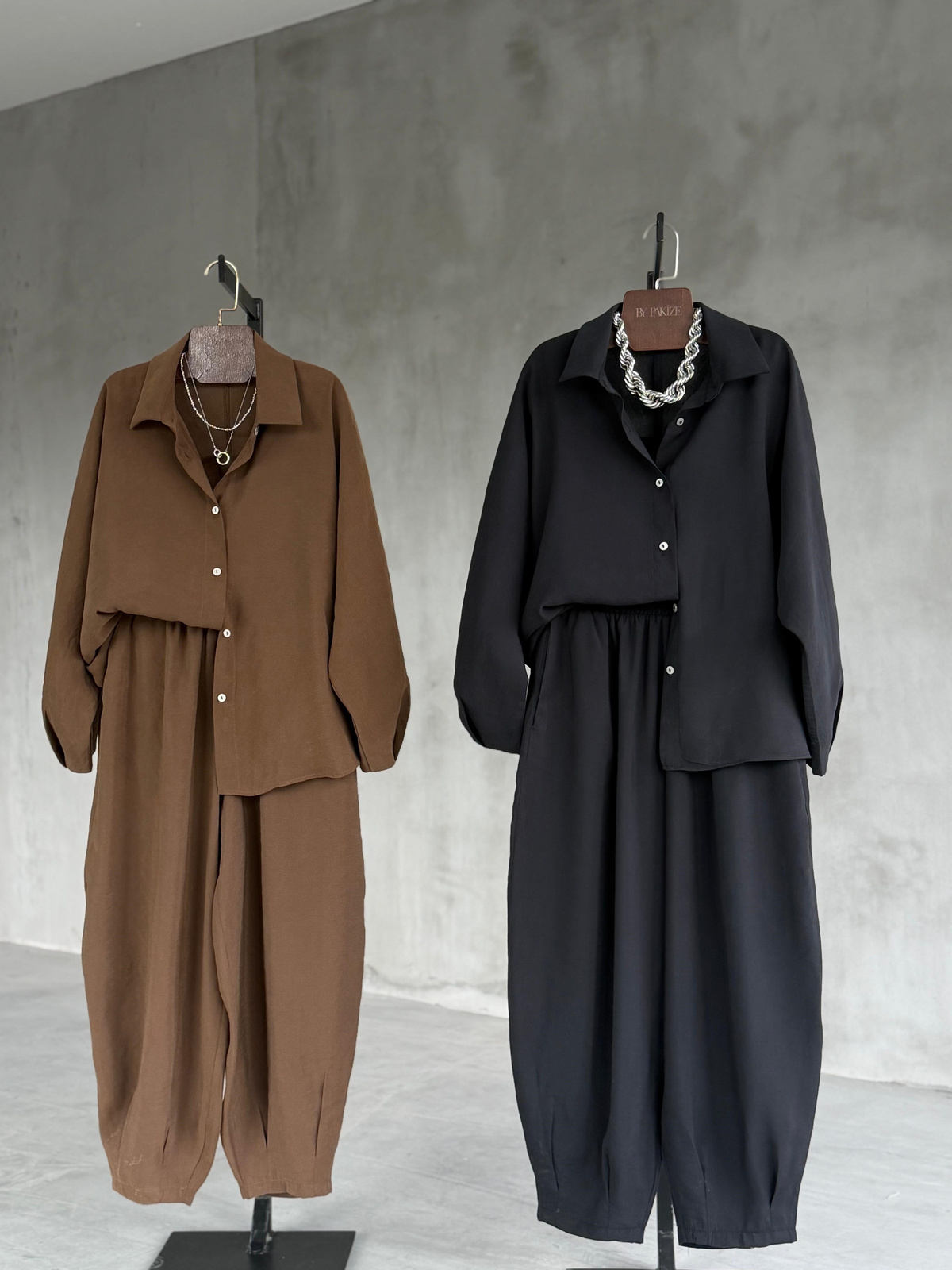 Tensel Kumaş Şalvar Model Takım (Kahve)