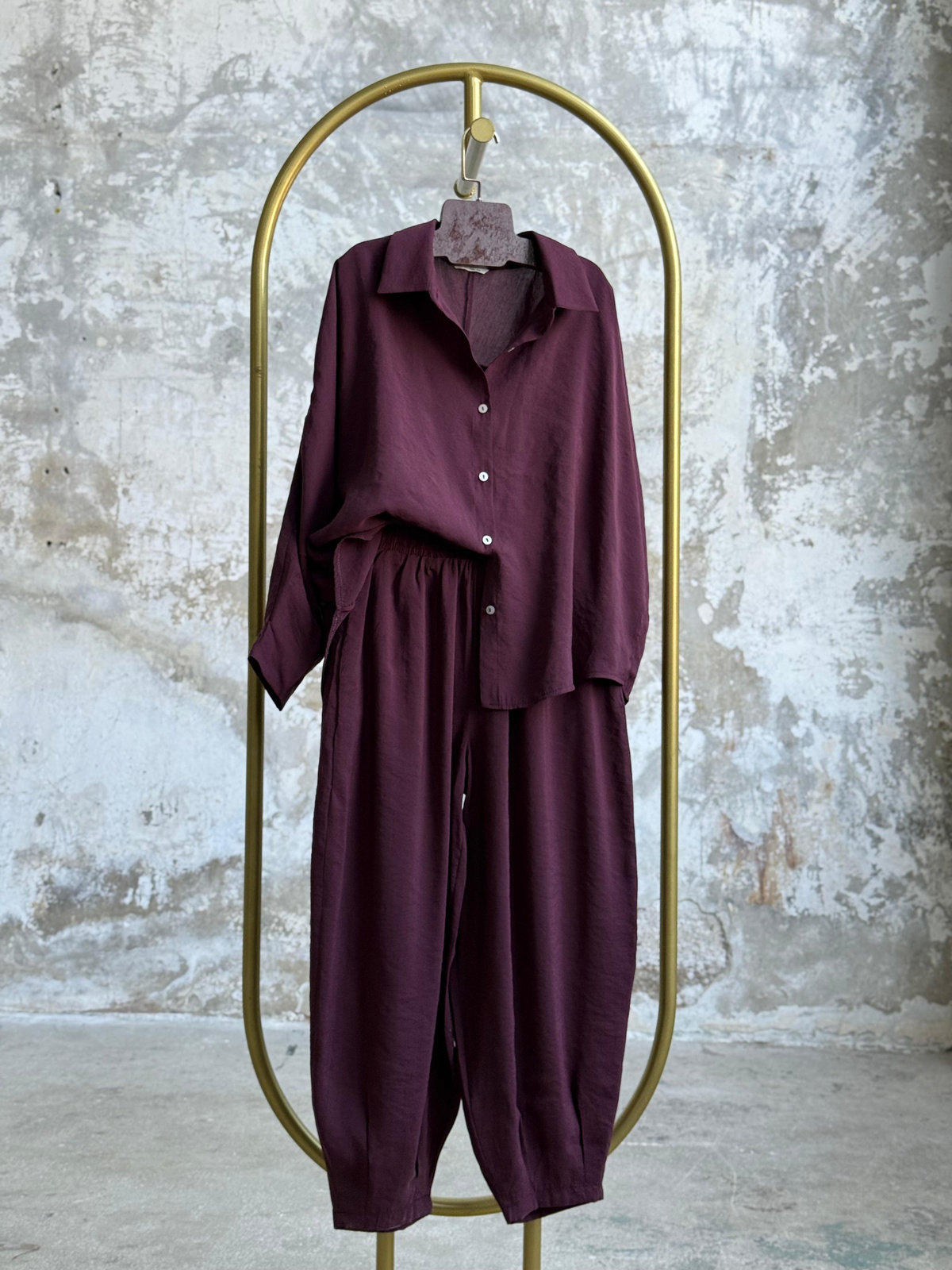 Tensel Kumaş Şalvar Model Takım (Mürdüm)