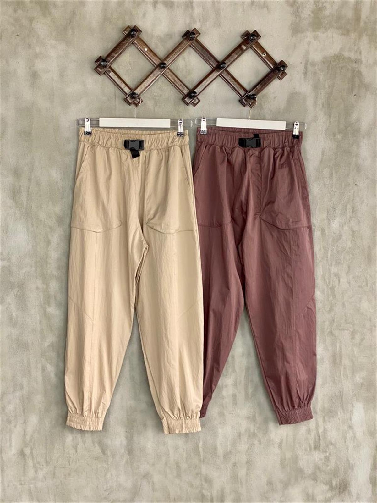 Tokalı Kemerli Paraşüt Kumaş Pantolon (Kahve)