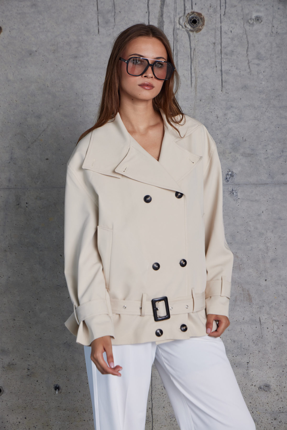 Tokalı Kemerli Premium Oversize Trenç Mont (Taş)