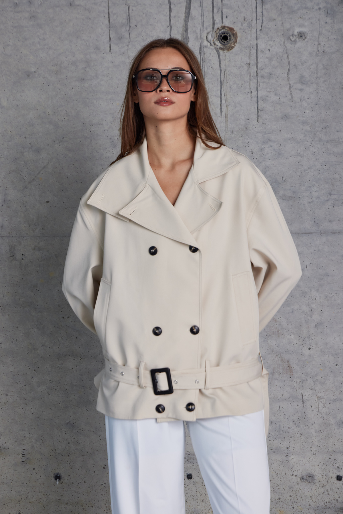 Tokalı Kemerli Premium Oversize Trenç Mont (Taş)
