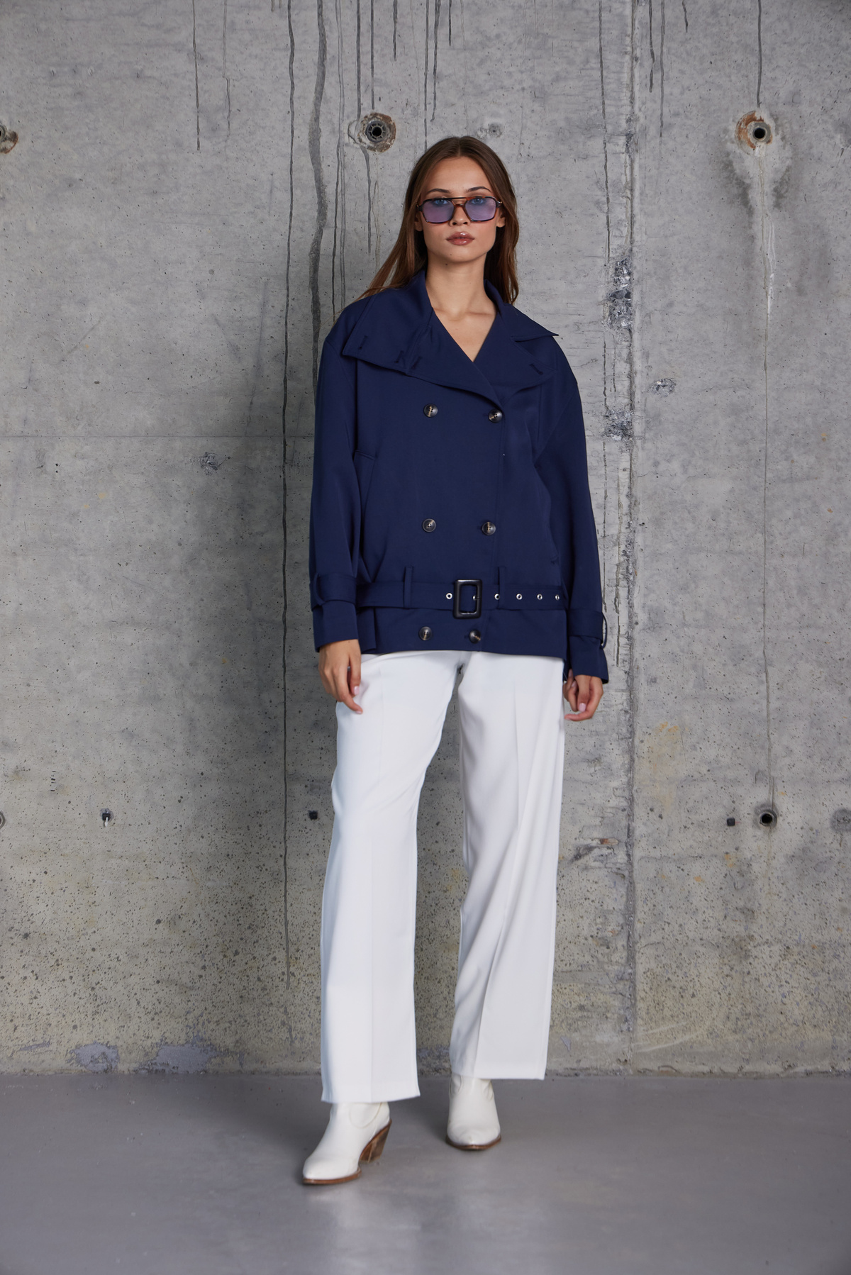 Tokalı Kemerli Premium Oversize Trenç Mont (Lacivert)