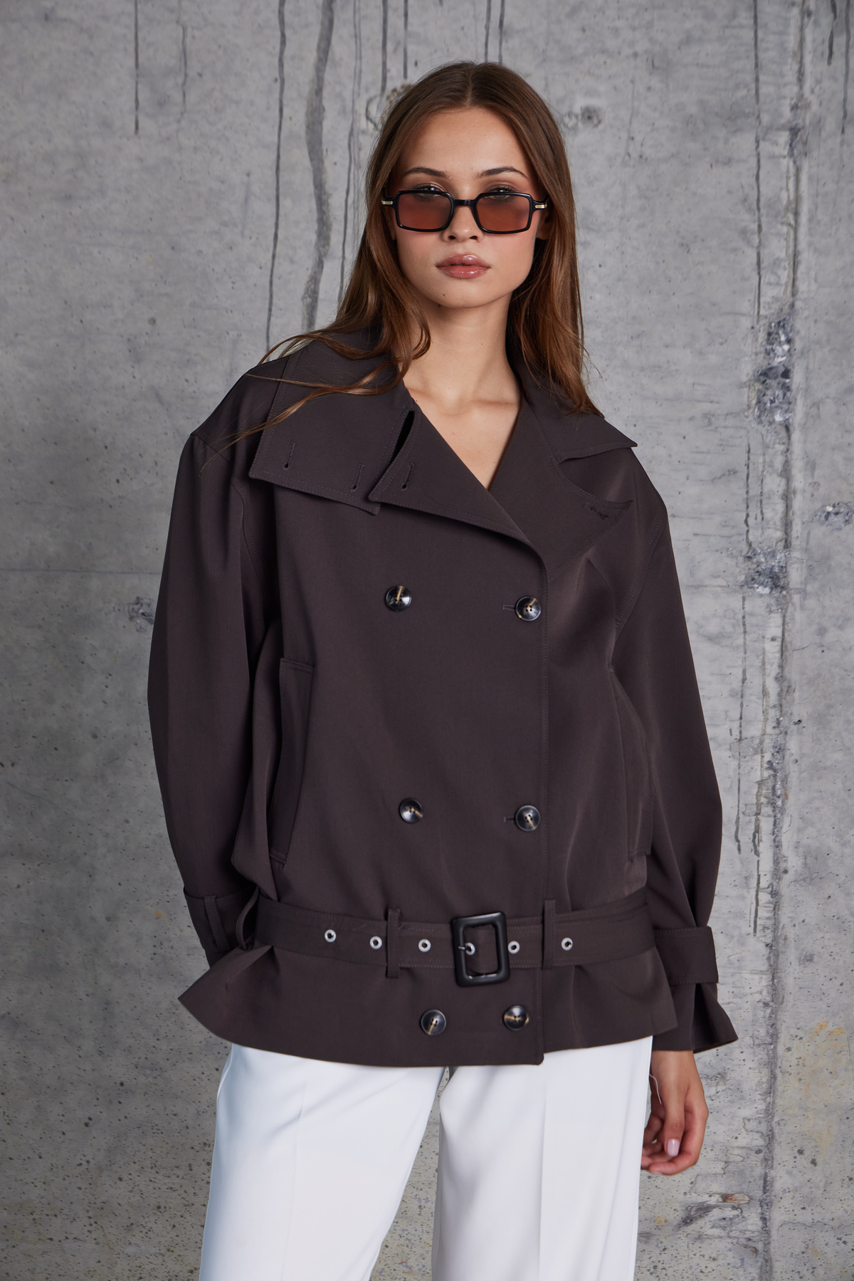 Tokalı Kemerli Premium Oversize Trenç Mont (Kahve)