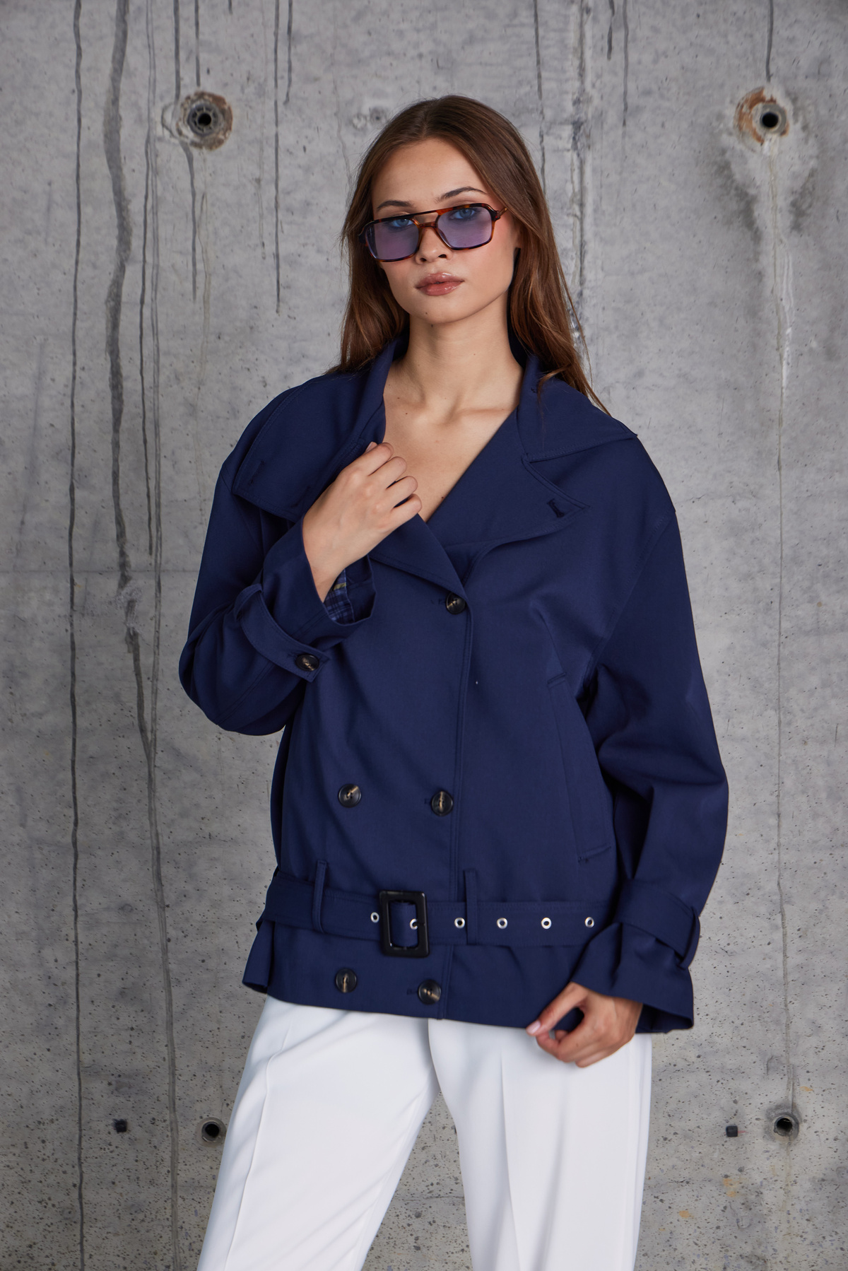 Tokalı Kemerli Premium Oversize Trenç Mont (Lacivert)