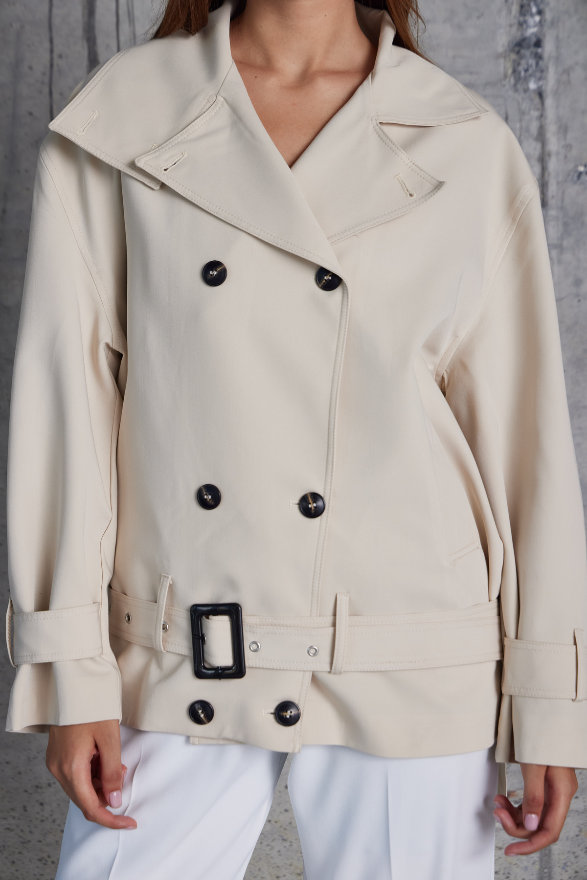 Tokalı Kemerli Premium Oversize Trenç Mont (Taş)