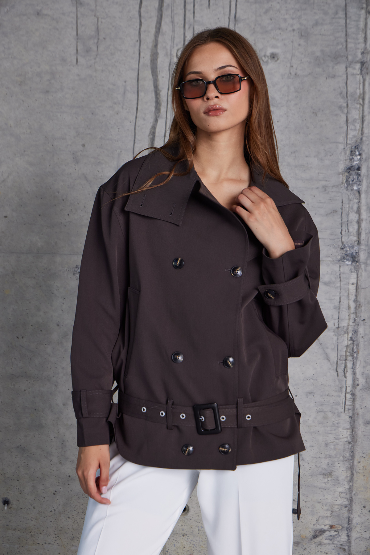 Tokalı Kemerli Premium Oversize Trenç Mont (Kahve)