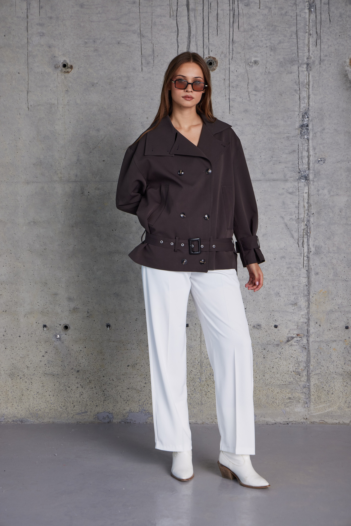 Tokalı Kemerli Premium Oversize Trenç Mont (Kahve)