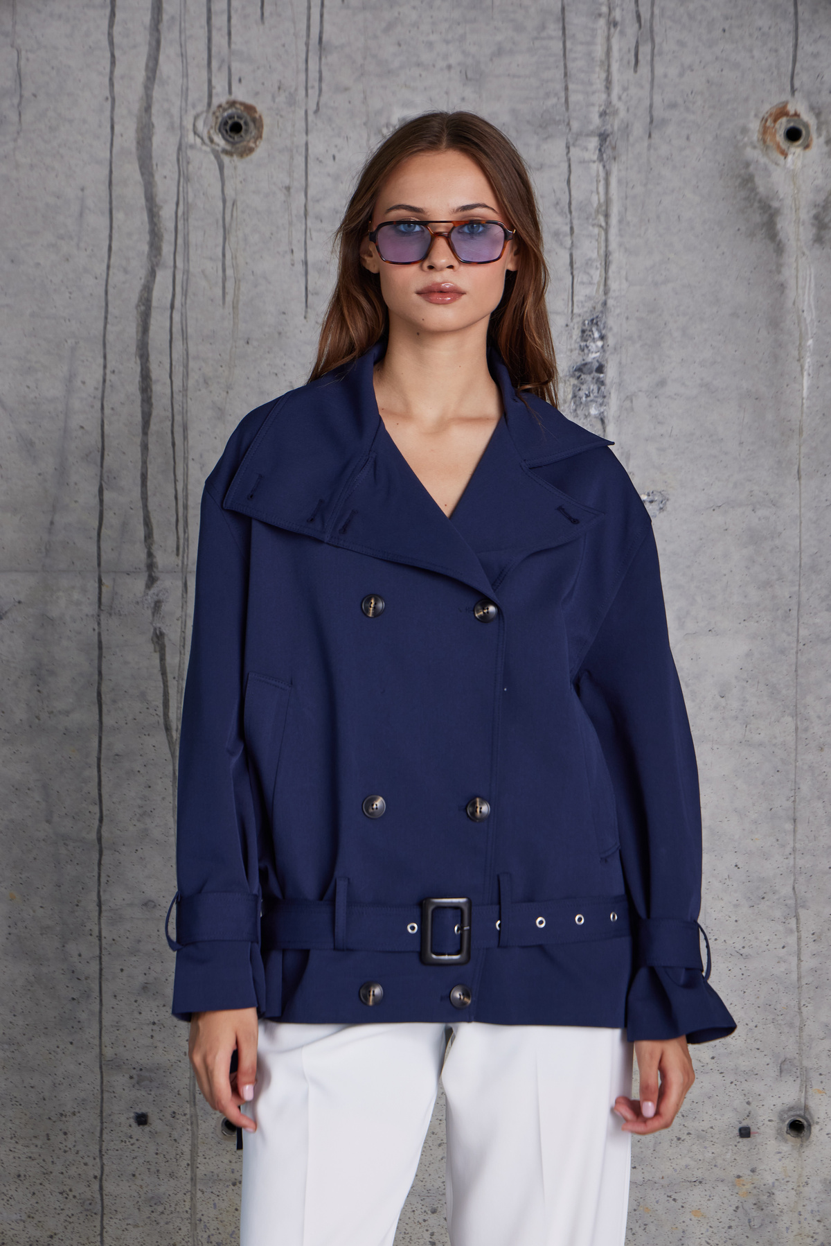 Tokalı Kemerli Premium Oversize Trenç Mont (Lacivert)
