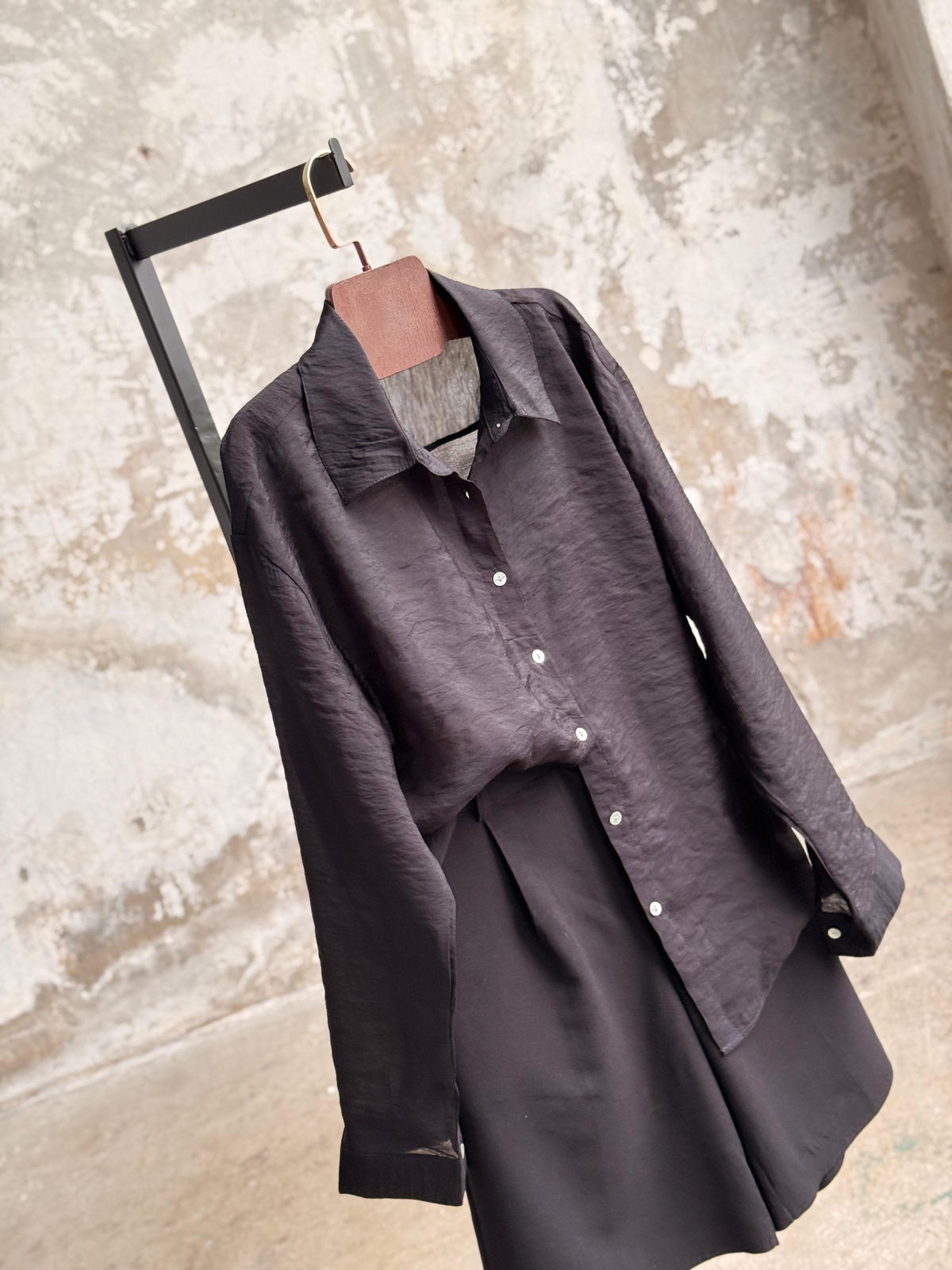 Transparan Keten Kumaş Oversize Gömlek (Siyah)