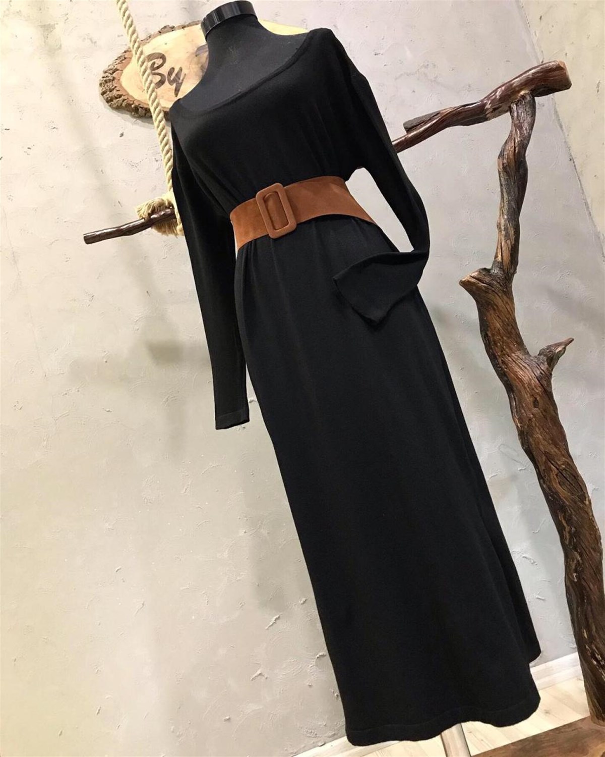 Triko Kumaş Oversize Kesim Elbise (SİYAH)