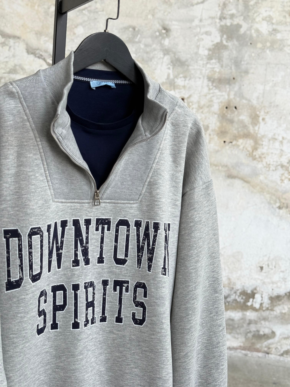 Tshrt Detay Yarım Fermuarlı Oversize Sweat (Gri)