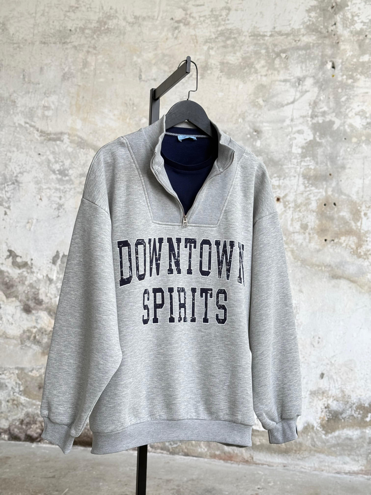 Tshrt Detay Yarım Fermuarlı Oversize Sweat (Gri)