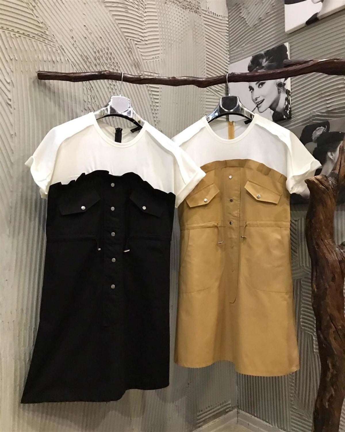 Üstü Penye Detaylı Coton Kumaş Beli Büzgülü Elbise (CAMEL & SİYAH)