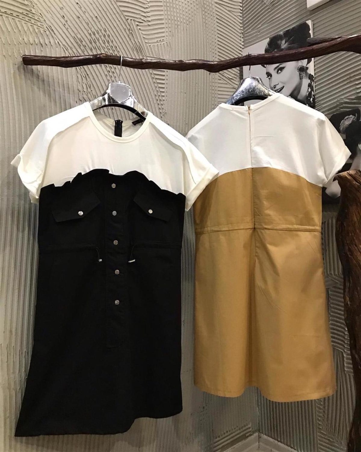 Üstü Penye Detaylı Coton Kumaş Beli Büzgülü Elbise (CAMEL & SİYAH)