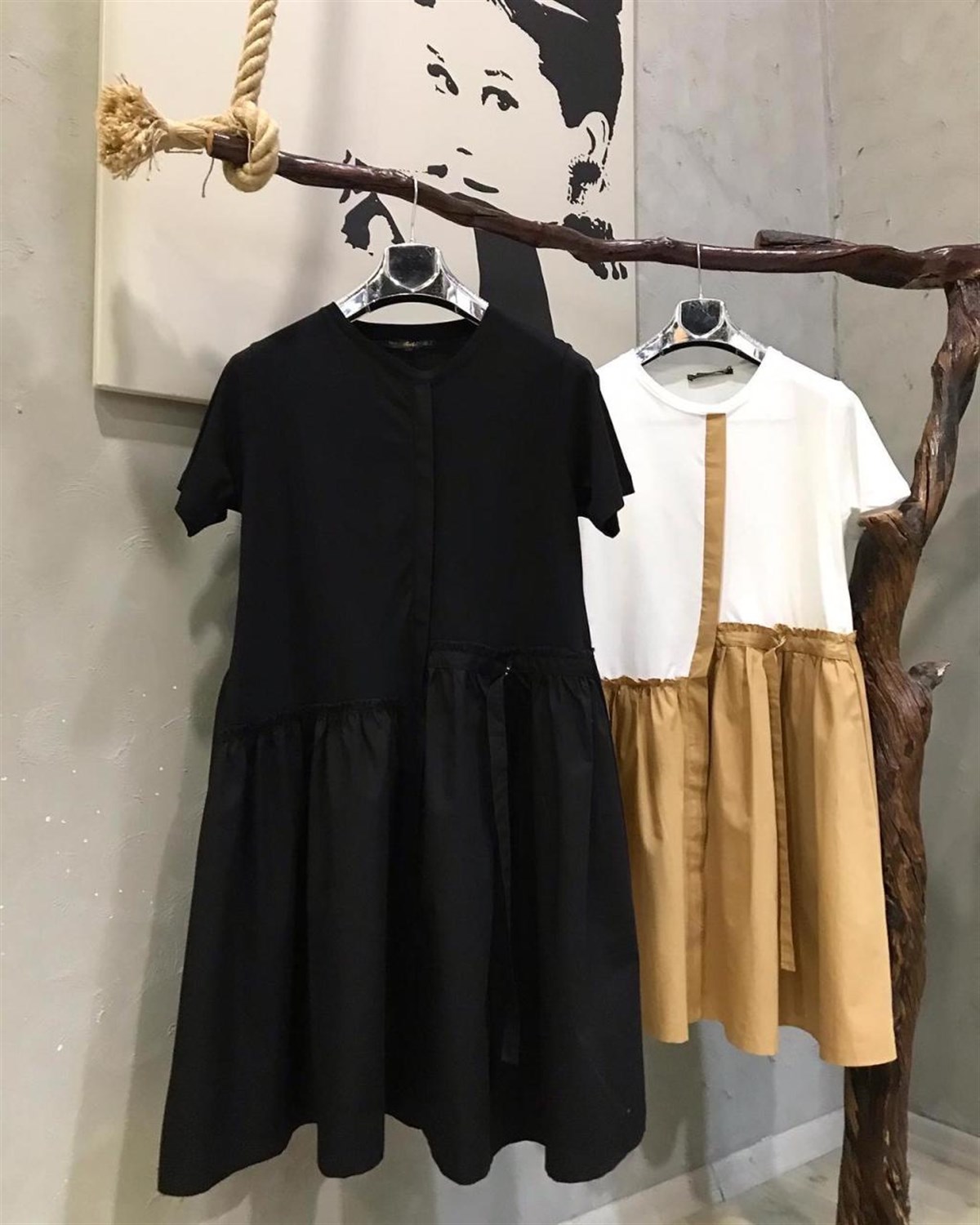 Üstü Penye Eteği Coton Kumaş Elbise (CAMEL & SİYAH)
