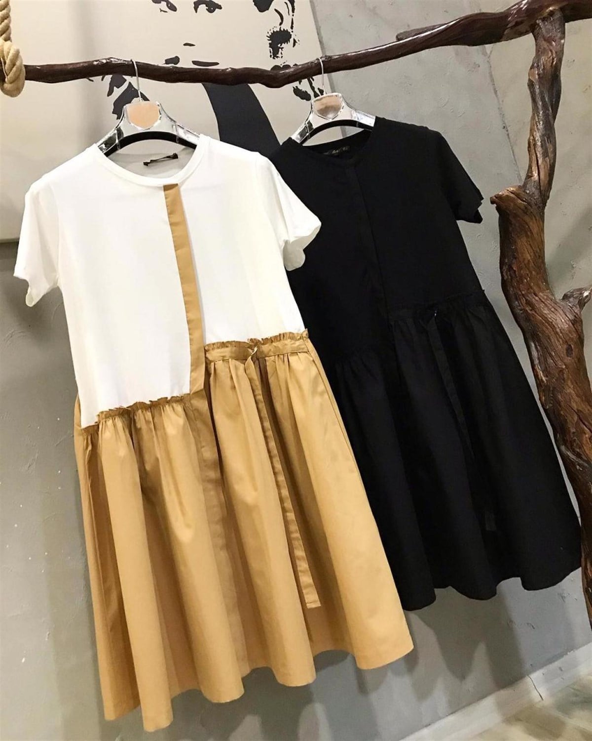 Üstü Penye Eteği Coton Kumaş Elbise (CAMEL & SİYAH)